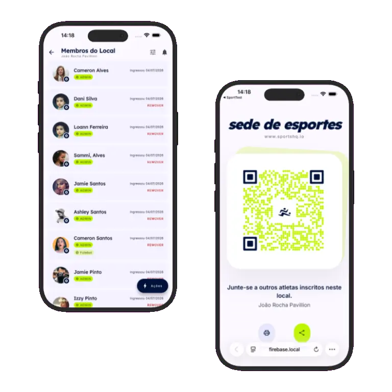 Sports HQ QR code registration and venue share screens