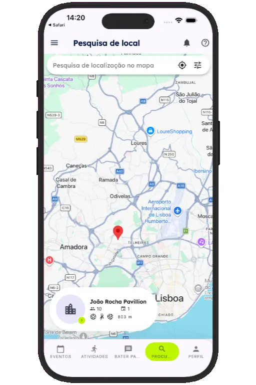 Sports HQ location-based venue search results on a map