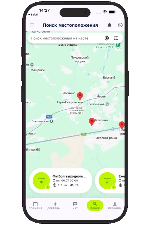Sports HQ location-based search results on a map
