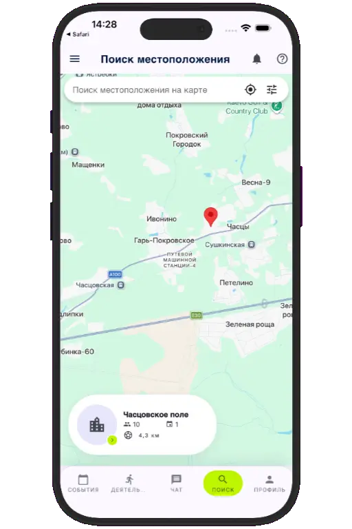 Sports HQ location-based venue search results on a map