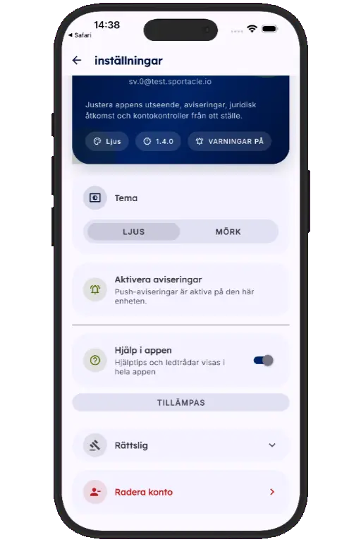 Sports HQ Settings screen with the Delete Account option highlighted