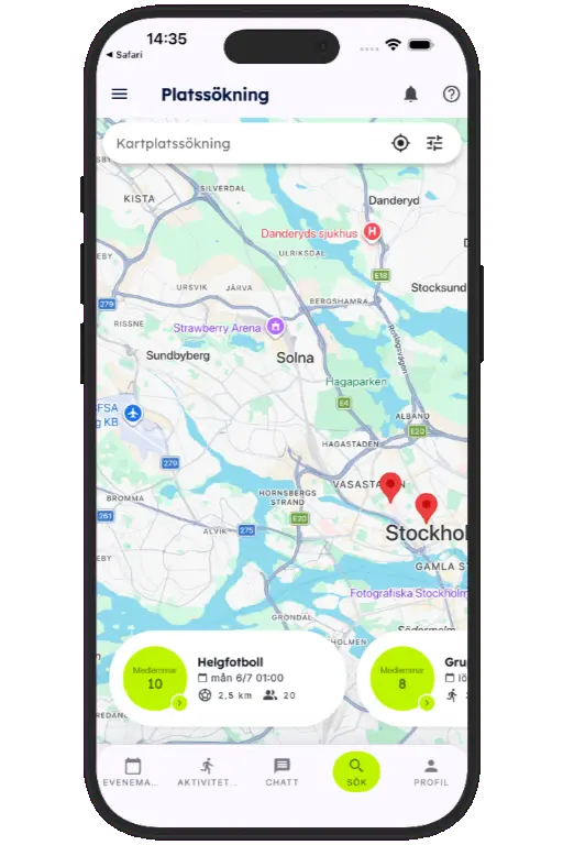 Sports HQ location-based search results on a map