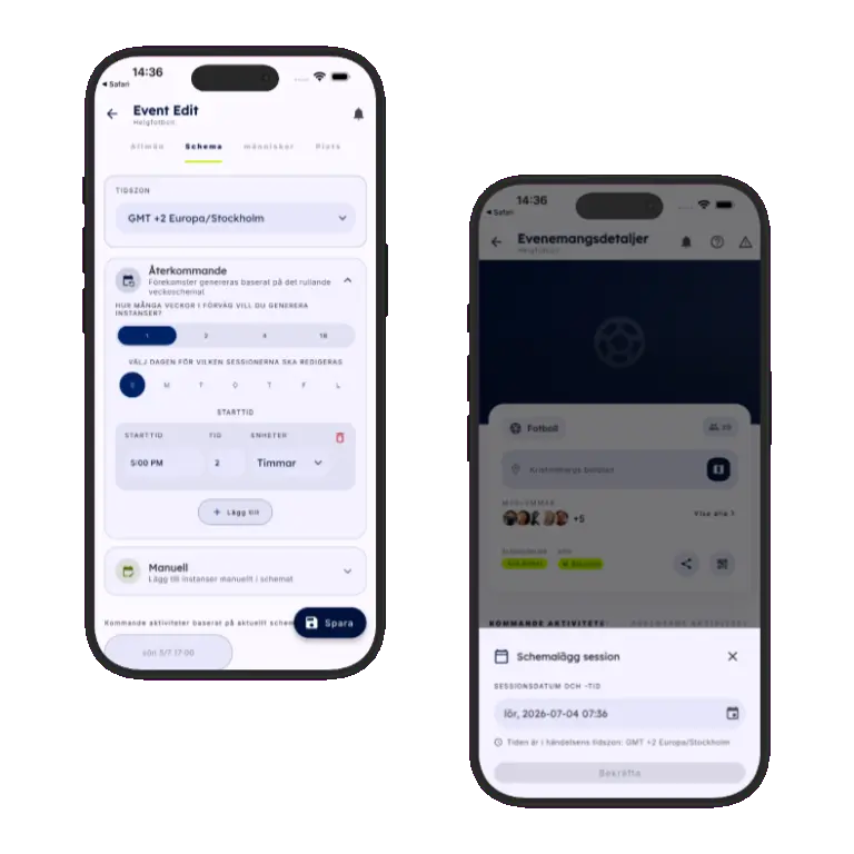 Sports HQ recurring and manual activity scheduling screens