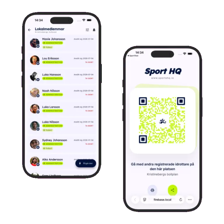 Sports HQ QR code registration and venue share screens