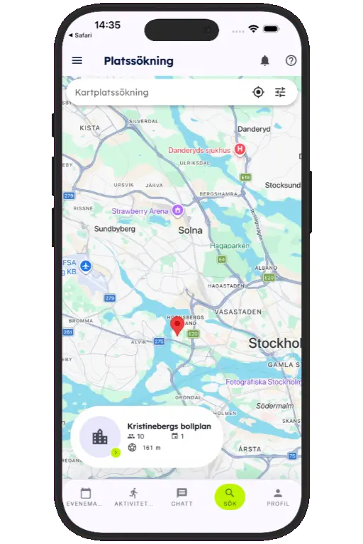 Sports HQ location-based venue search results on a map