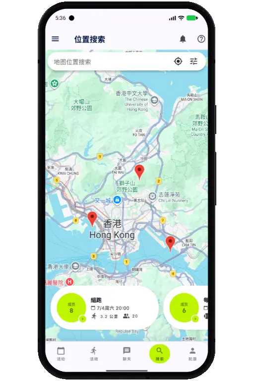 Sports HQ location-based search results on a map