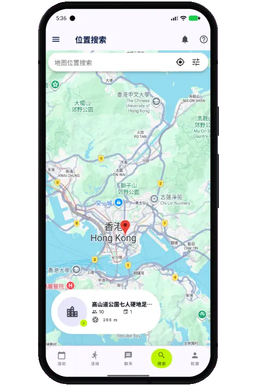 Sports HQ location-based venue search results on a map
