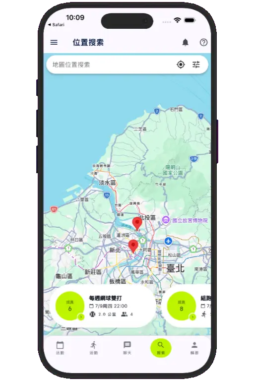 Sports HQ location-based search results on a map