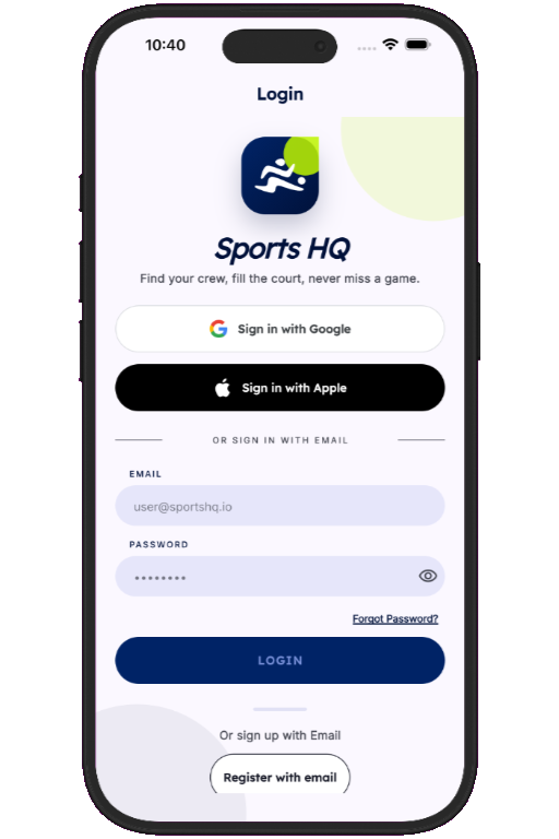 Sports HQ login screen